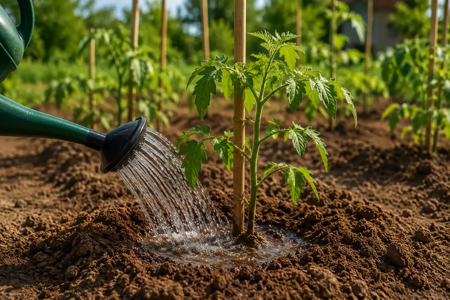 arrosage aux pieds des plants de tomates