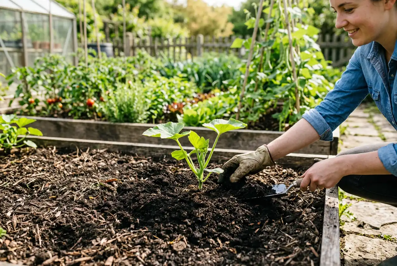 ajout de compost au jeune plant de courge
