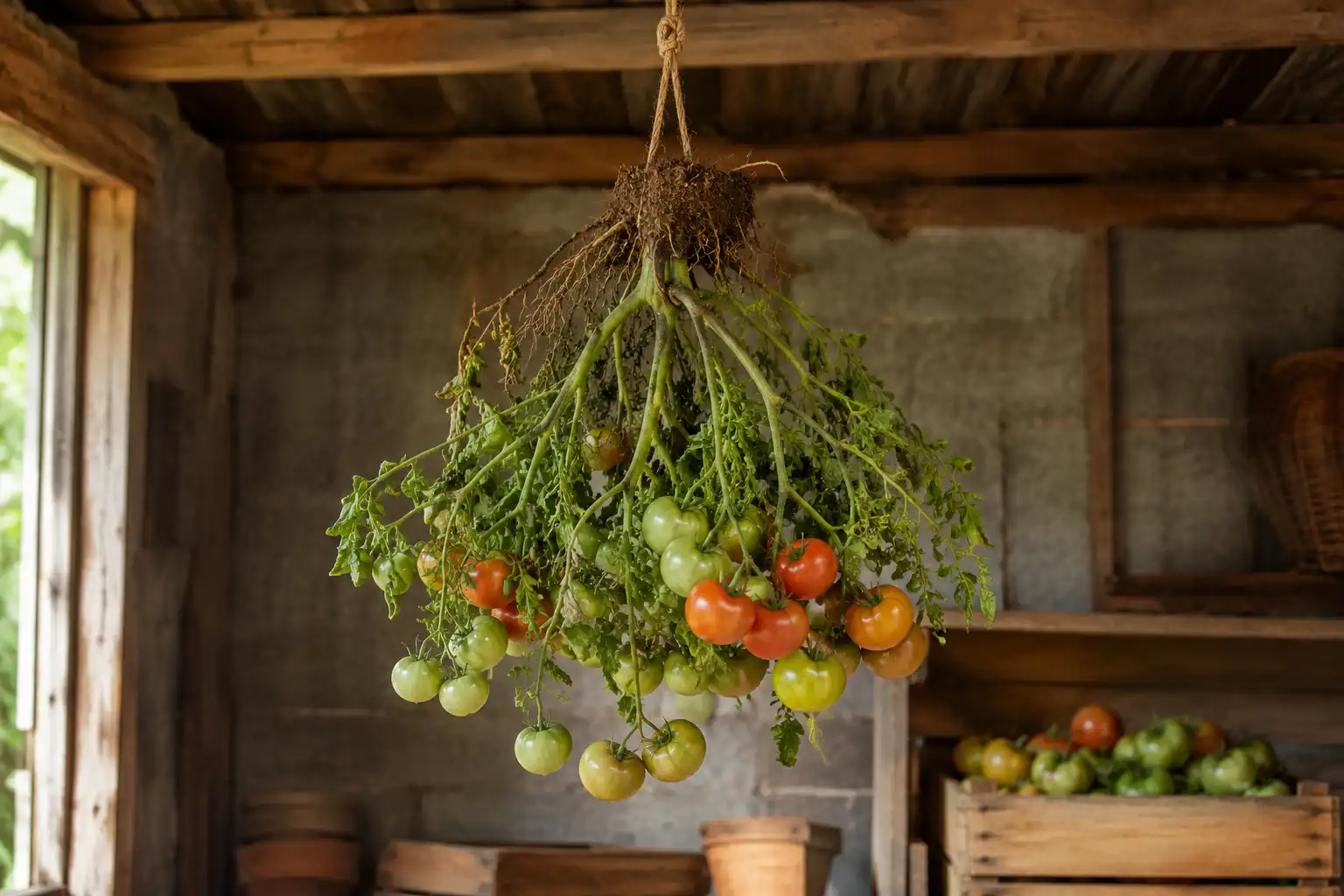 suspendre le plant de tomate entier pour faire murir les tomates