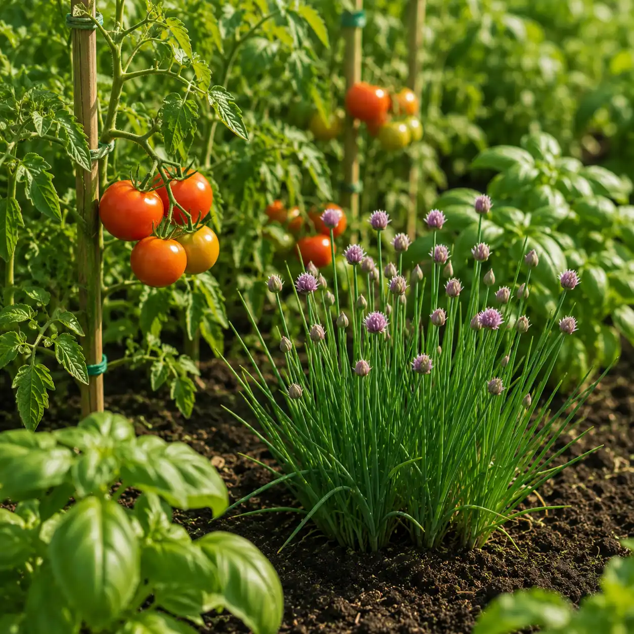 ciboulette et tomates potager