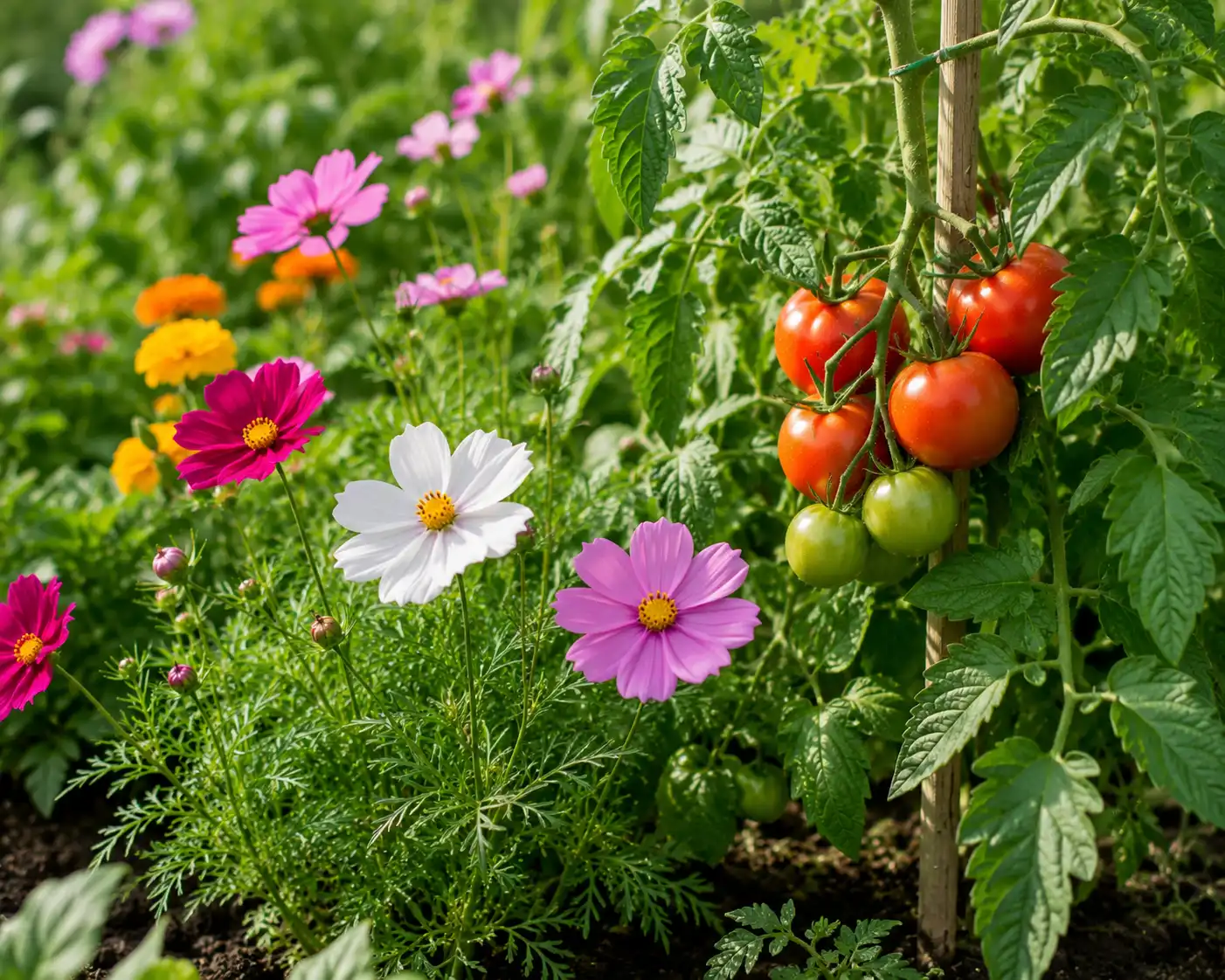 cosmos et tomates potager