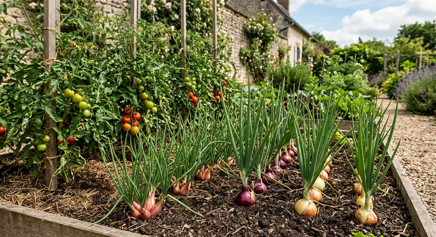 tomates echalottes et oignons potager
