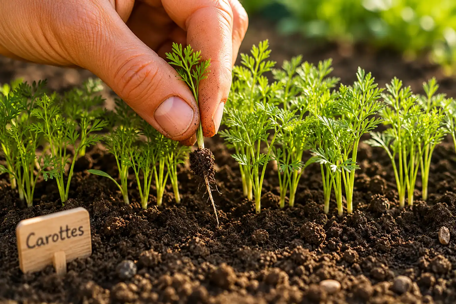 eclaircir jeunes plants de carottes au potager