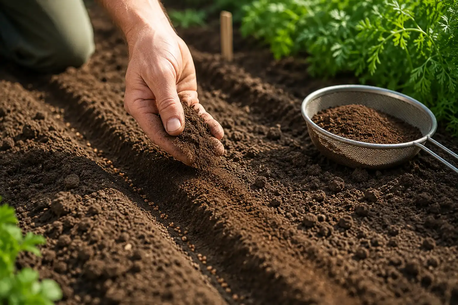 fine couche de terre sur carotte potager