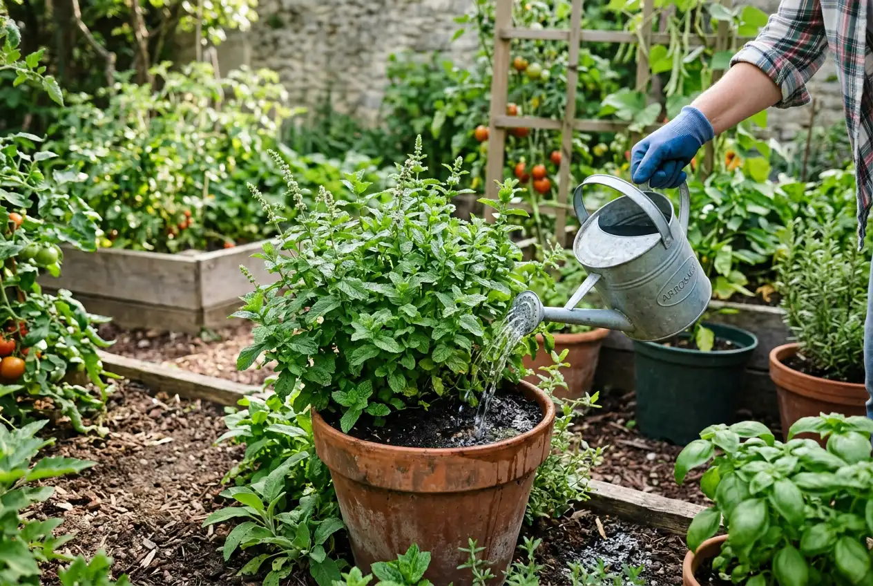 arrosage plant de menthe au potager